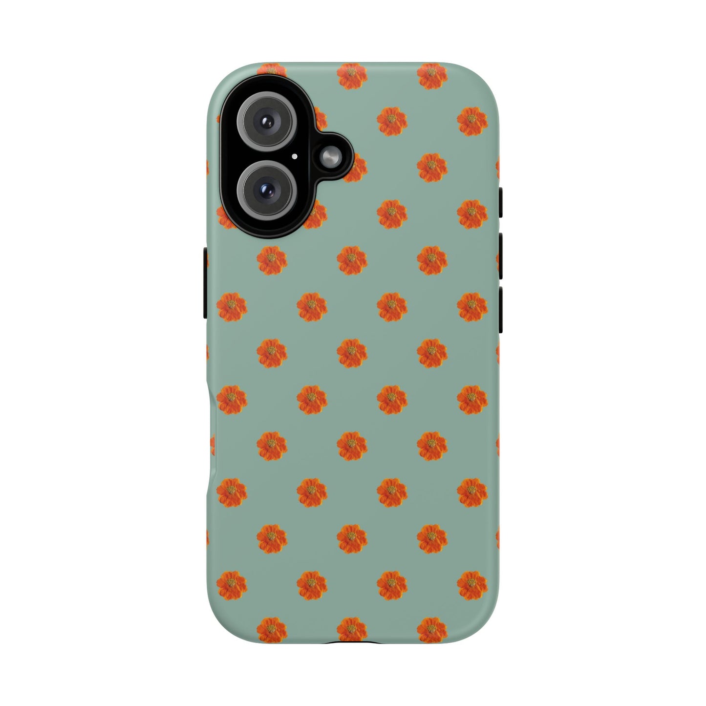 Coque Téléphone Samsung, iPhone & Google Pixel Renforcée Mate – Design Floral Epuré Fleurs de Cosmos Orange sur Fond Vert Eucalyptus | Protection Antichoc | Idée Cadeau Femme
