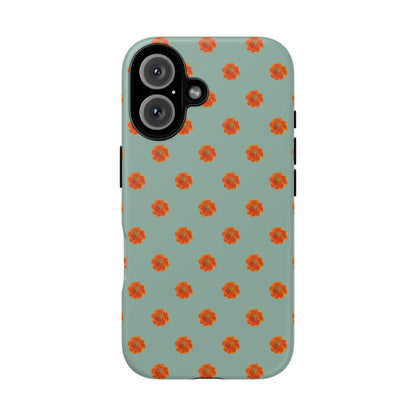 Coque Téléphone Samsung, iPhone & Google Pixel Renforcée Mate – Design Floral Epuré Fleurs de Cosmos Orange sur Fond Vert Eucalyptus | Protection Antichoc | Idée Cadeau Femme