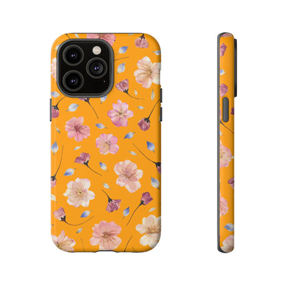 Coque Téléphone Samsung, iPhone & Google Pixel Renforcée Mate – Design Floral Fleurs de Cerisier sur Fond Couleur Curcuma| Protection Antichoc | Idée Cadeau Femme