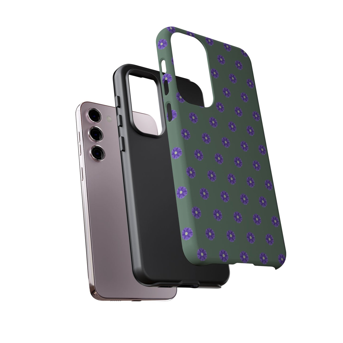 Coque Téléphone Samsung, iPhone & Google Pixel Renforcée Mate – Design Floral Epuré Fleurs de Primevère sur Fond Vert Minéral | Protection Antichoc | Idée Cadeau Femme