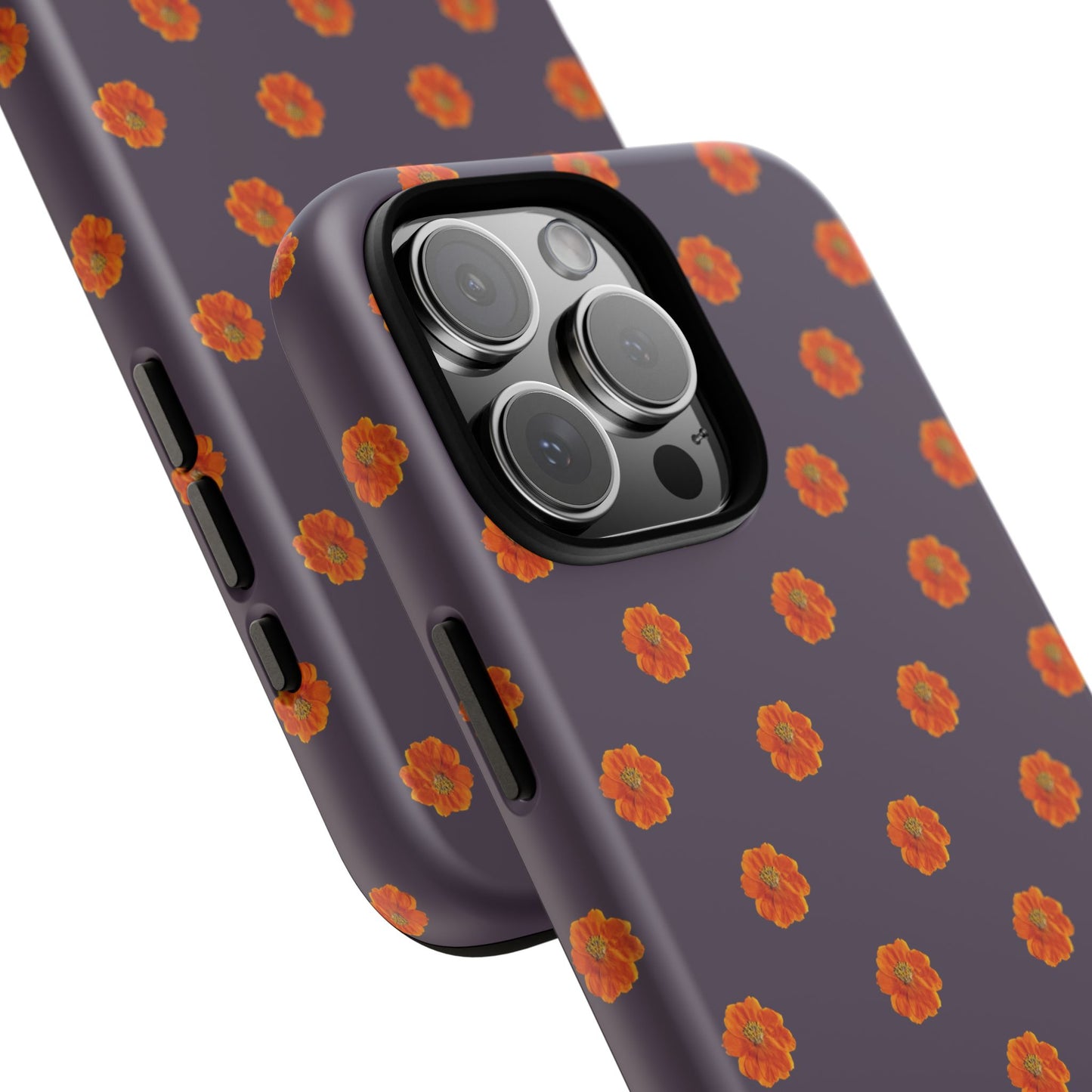 Coque Téléphone Samsung, iPhone & Google Pixel Renforcée Mate – Design Floral Epuré Fleurs de Cosmos Orange sur Fond Couleur Prune | Protection Antichoc | Idée Cadeau Femme
