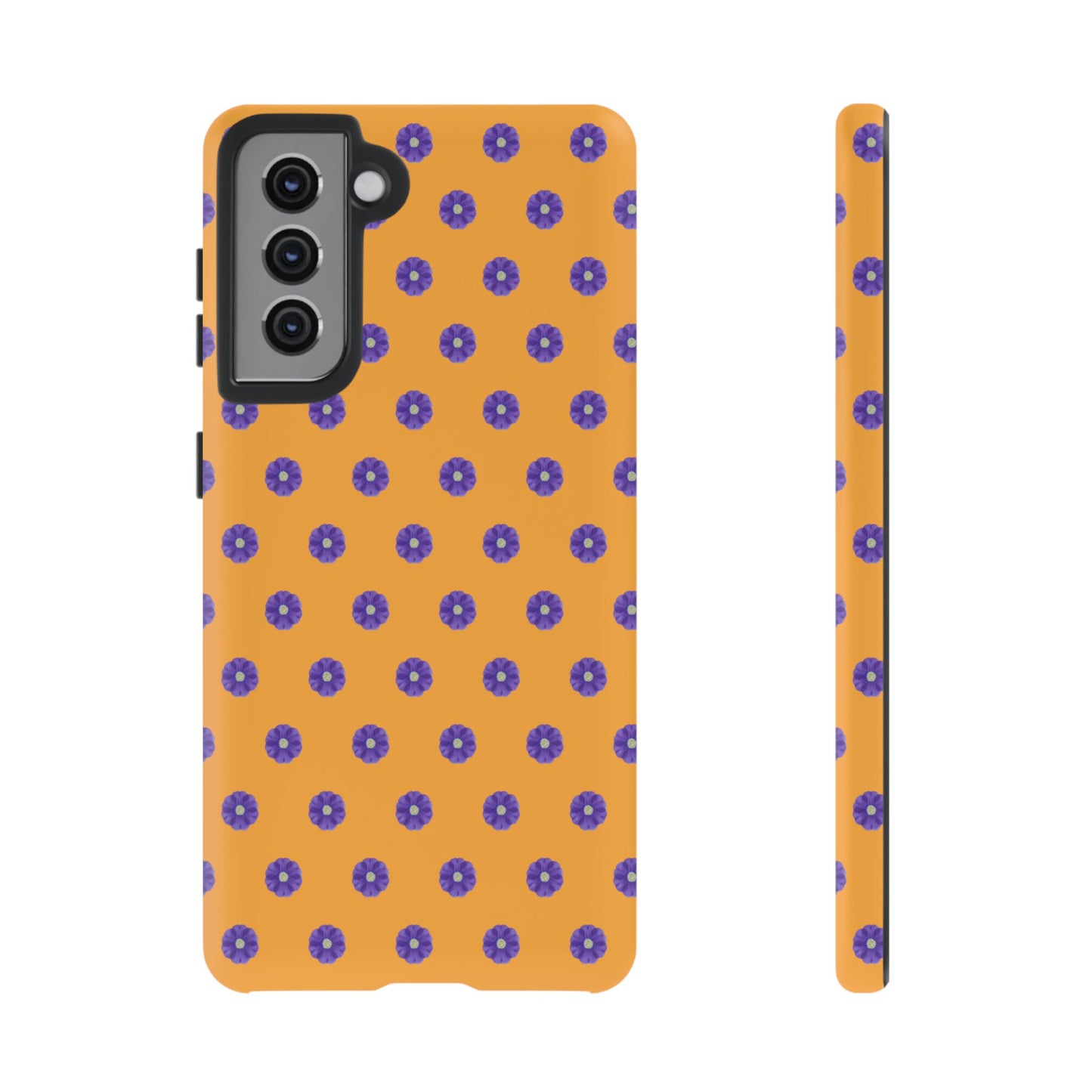 Coque Téléphone Samsung, iPhone & Google Pixel Renforcée Mate – Design Botanique Epuré Fleurs de Primevère sur Fond Ambre | Protection Antichoc | Idée Cadeau Femme