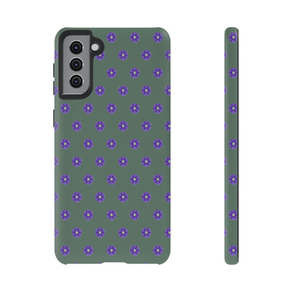 Coque Téléphone Samsung, iPhone & Google Pixel Renforcée Mate – Design Floral Epuré Fleurs de Primevère sur Fond Vert Minéral | Protection Antichoc | Idée Cadeau Femme
