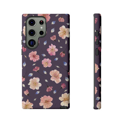 Coque Téléphone Samsung, iPhone & Google Pixel Renforcée Mate – Design Floral Fleurs de Cerisier sur Fond Couleur Prune | Protection Antichoc | Idée Cadeau Femme