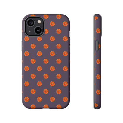 Coque Téléphone Samsung, iPhone & Google Pixel Renforcée Mate – Design Floral Epuré Fleurs de Cosmos Orange sur Fond Couleur Prune | Protection Antichoc | Idée Cadeau Femme
