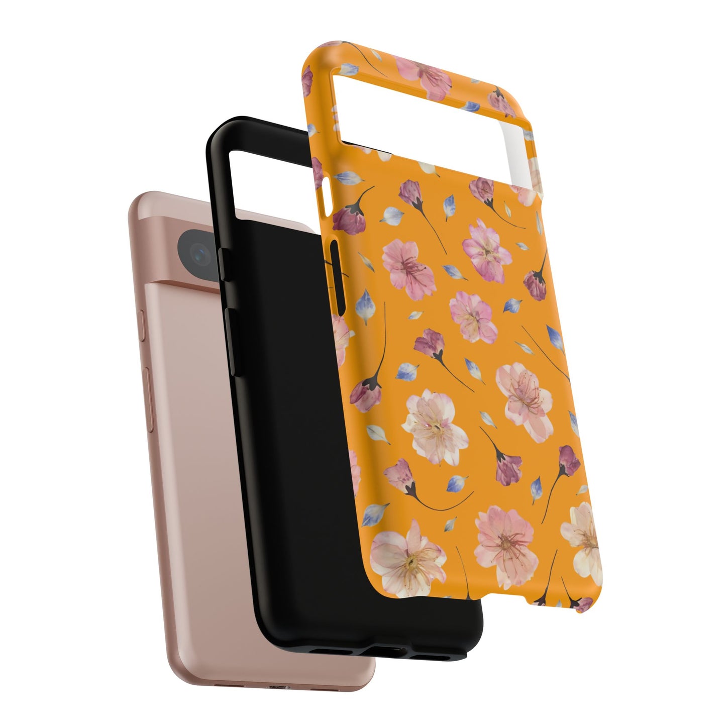 Coque Téléphone Samsung, iPhone & Google Pixel Renforcée Mate – Design Floral Fleurs de Cerisier sur Fond Couleur Curcuma| Protection Antichoc | Idée Cadeau Femme