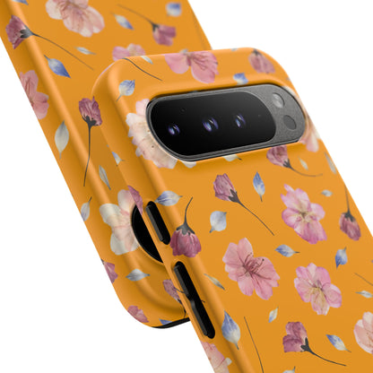 Coque Téléphone Samsung, iPhone & Google Pixel Renforcée Mate – Design Floral Fleurs de Cerisier sur Fond Couleur Curcuma| Protection Antichoc | Idée Cadeau Femme