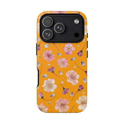 Coque Téléphone Samsung, iPhone & Google Pixel Renforcée Mate – Design Floral Fleurs de Cerisier sur Fond Couleur Curcuma| Protection Antichoc | Idée Cadeau Femme