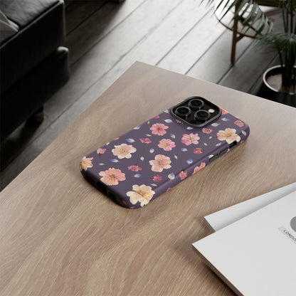 Coque Téléphone Samsung, iPhone & Google Pixel Renforcée Mate – Design Floral Fleurs de Cerisier sur Fond Couleur Prune | Protection Antichoc | Idée Cadeau Femme