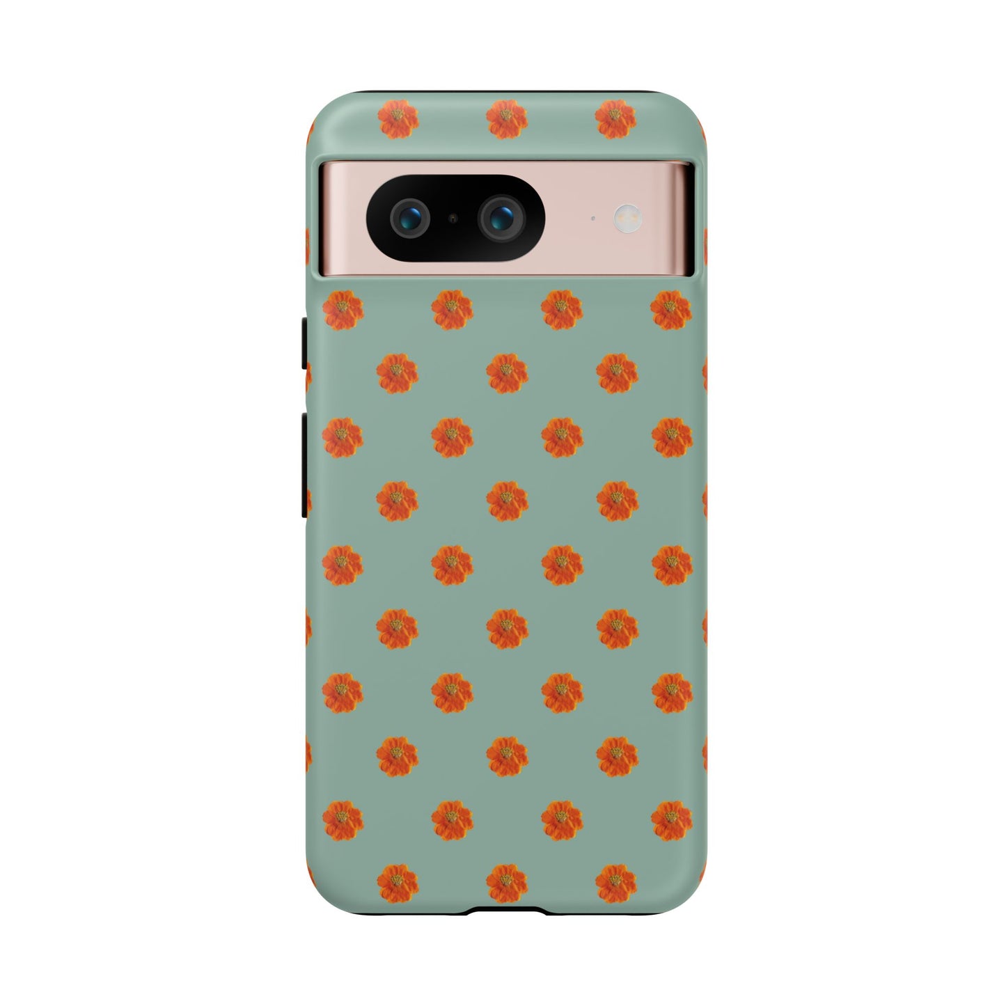Coque Téléphone Samsung, iPhone & Google Pixel Renforcée Mate – Design Floral Epuré Fleurs de Cosmos Orange sur Fond Vert Eucalyptus | Protection Antichoc | Idée Cadeau Femme