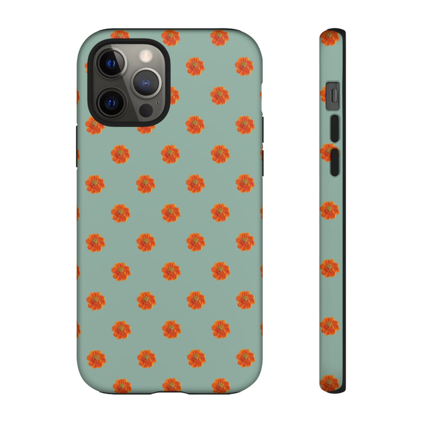 Coque Téléphone Samsung, iPhone & Google Pixel Renforcée Mate – Design Floral Epuré Fleurs de Cosmos Orange sur Fond Vert Eucalyptus | Protection Antichoc | Idée Cadeau Femme