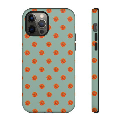 Coque Téléphone Samsung, iPhone & Google Pixel Renforcée Mate – Design Floral Epuré Fleurs de Cosmos Orange sur Fond Vert Eucalyptus | Protection Antichoc | Idée Cadeau Femme