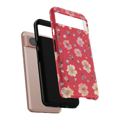 Coque Téléphone Samsung, iPhone & Google Pixel Renforcée Mate – Design Floral Fleurs de Cerisier sur Fond Rouge Féminin | Protection Antichoc | Idée Cadeau Femme