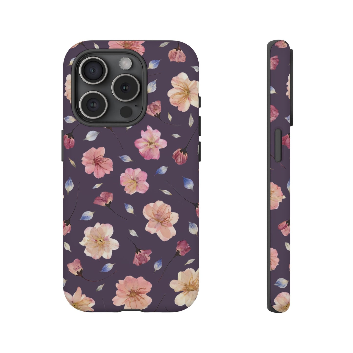 Coque Téléphone Samsung, iPhone & Google Pixel Renforcée Mate – Design Floral Fleurs de Cerisier sur Fond Couleur Prune | Protection Antichoc | Idée Cadeau Femme