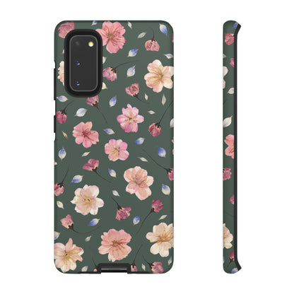 Coque Téléphone Samsung, iPhone & Google Pixel Renforcée Mate – Design Floral Fleurs de Cerisier sur Fond Verte Minéral | Protection Antichoc | Idée Cadeau Femme