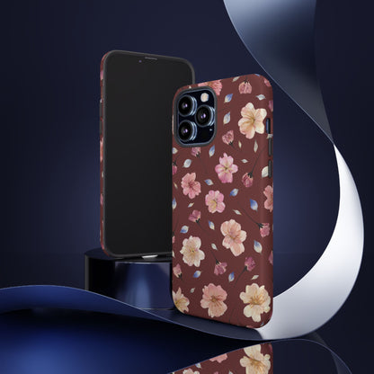 Coque Téléphone Samsung, iPhone & Google Pixel Renforcée Mate – Design Floral Fleurs de Cerisier sur Fond Bordeaux | Protection Antichoc | Idée Cadeau Pour Elle