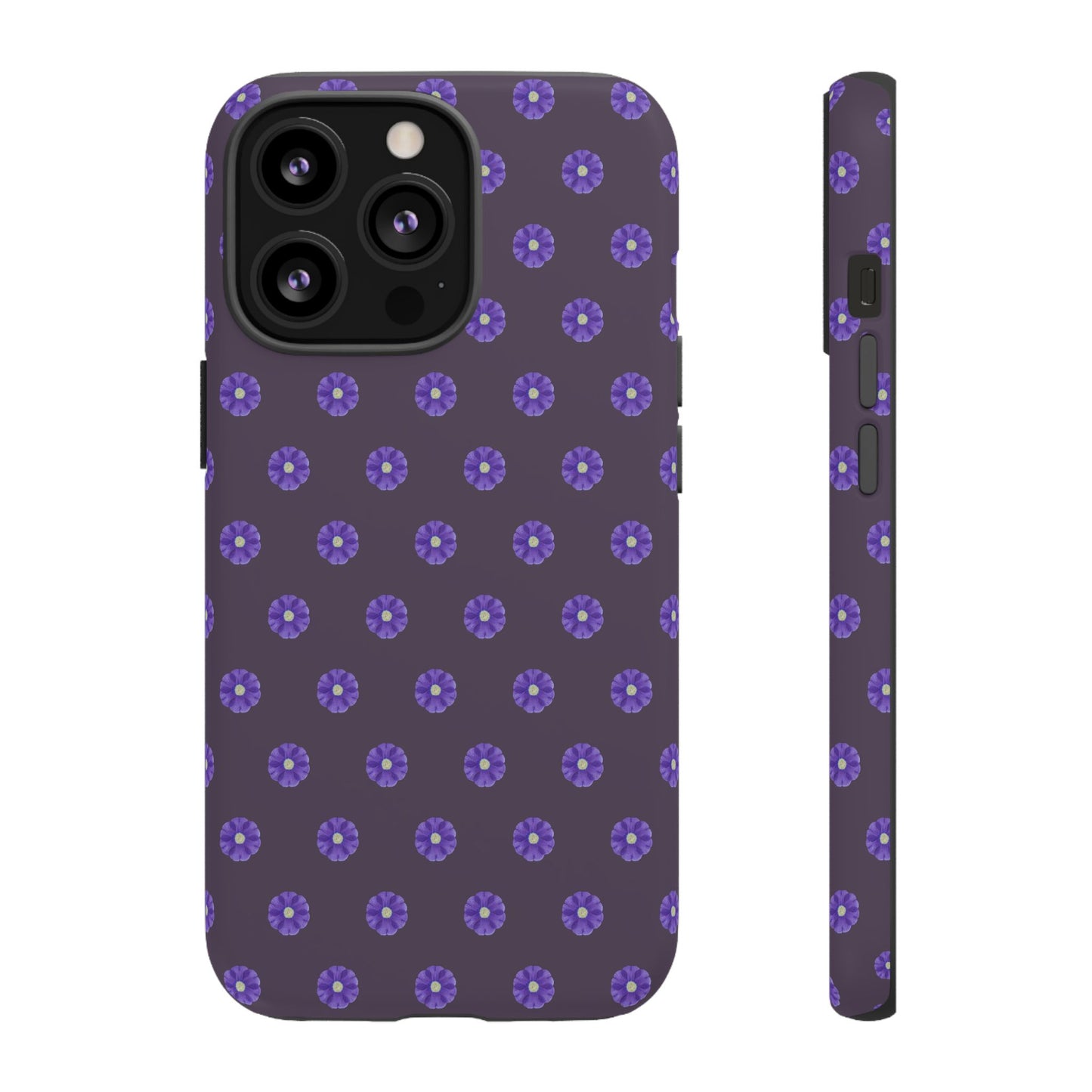 Coque Téléphone Samsung, iPhone & Google Pixel Renforcée Mate – Design Floral Epuré Fleurs de Primevère sur Fond Couleur Prune| Protection Antichoc | Idée Cadeau Femme