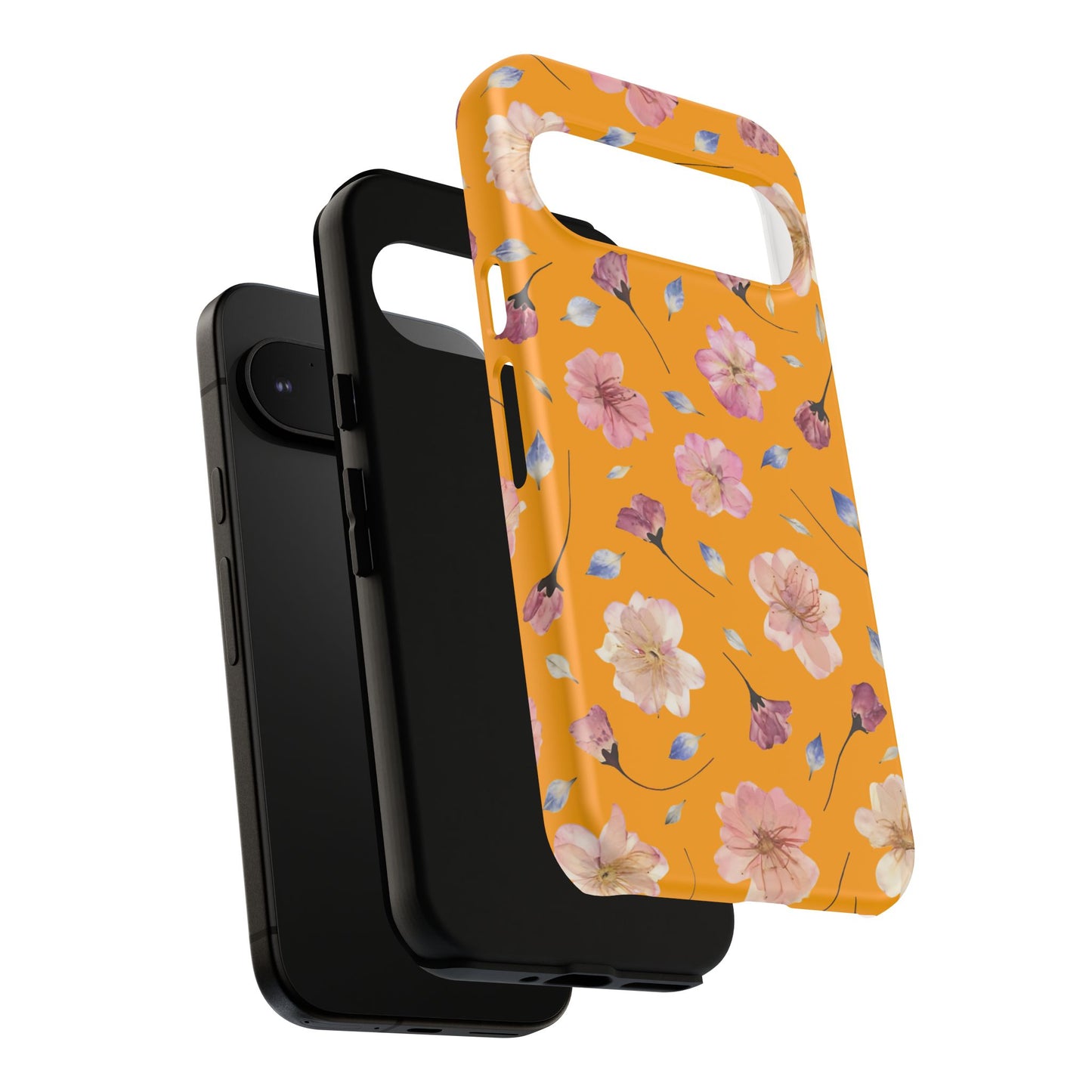 Coque Téléphone Samsung, iPhone & Google Pixel Renforcée Mate – Design Floral Fleurs de Cerisier sur Fond Couleur Curcuma| Protection Antichoc | Idée Cadeau Femme