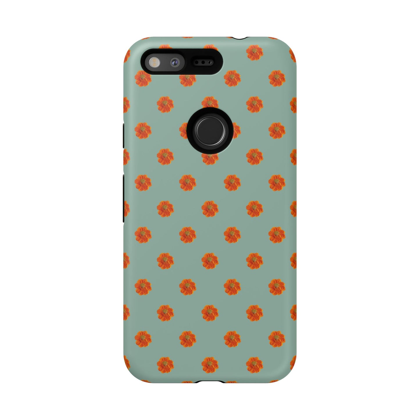 Coque Téléphone Samsung, iPhone & Google Pixel Renforcée Mate – Design Floral Epuré Fleurs de Cosmos Orange sur Fond Vert Eucalyptus | Protection Antichoc | Idée Cadeau Femme