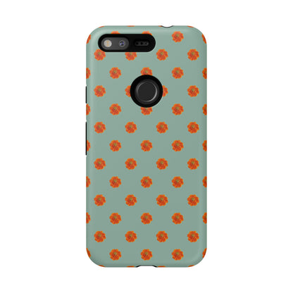 Coque Téléphone Samsung, iPhone & Google Pixel Renforcée Mate – Design Floral Epuré Fleurs de Cosmos Orange sur Fond Vert Eucalyptus | Protection Antichoc | Idée Cadeau Femme