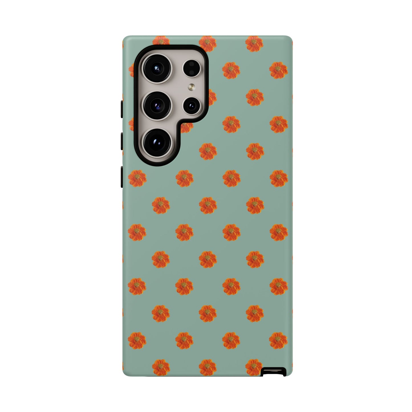 Coque Téléphone Samsung, iPhone & Google Pixel Renforcée Mate – Design Floral Epuré Fleurs de Cosmos Orange sur Fond Vert Eucalyptus | Protection Antichoc | Idée Cadeau Femme