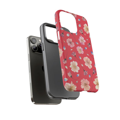 Coque Téléphone Samsung, iPhone & Google Pixel Renforcée Mate – Design Floral Fleurs de Cerisier sur Fond Rouge Féminin | Protection Antichoc | Idée Cadeau Femme