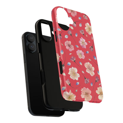 Coque Téléphone Samsung, iPhone & Google Pixel Renforcée Mate – Design Floral Fleurs de Cerisier sur Fond Rouge Féminin | Protection Antichoc | Idée Cadeau Femme