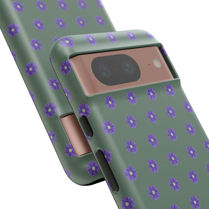 Coque Téléphone Samsung, iPhone & Google Pixel Renforcée Mate – Design Floral Epuré Fleurs de Primevère sur Fond Vert Minéral | Protection Antichoc | Idée Cadeau Femme