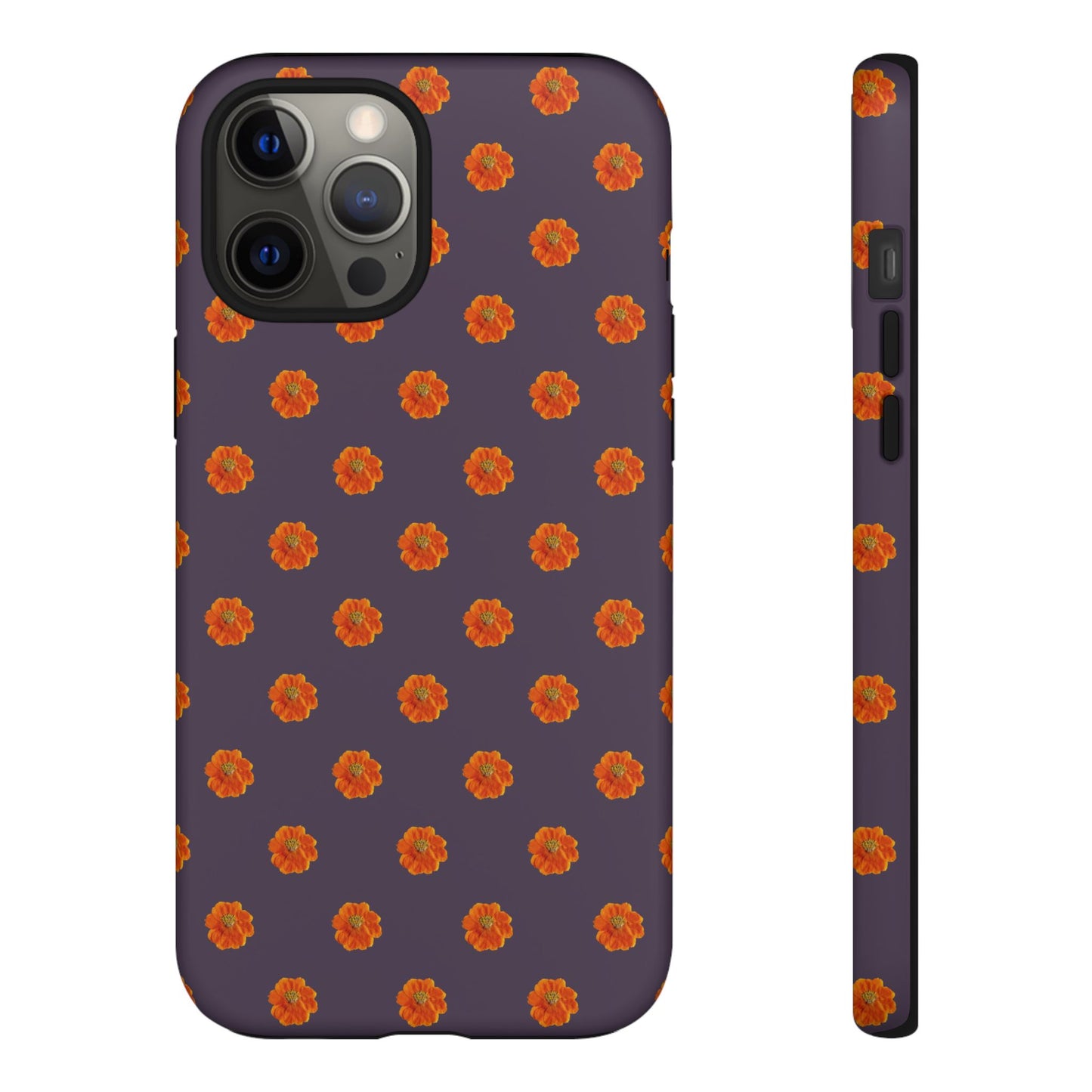 Coque Téléphone Samsung, iPhone & Google Pixel Renforcée Mate – Design Floral Epuré Fleurs de Cosmos Orange sur Fond Couleur Prune | Protection Antichoc | Idée Cadeau Femme