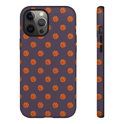 Coque Téléphone Samsung, iPhone & Google Pixel Renforcée Mate – Design Floral Epuré Fleurs de Cosmos Orange sur Fond Couleur Prune | Protection Antichoc | Idée Cadeau Femme