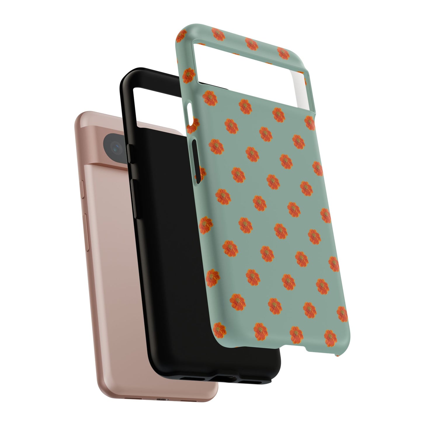 Coque Téléphone Samsung, iPhone & Google Pixel Renforcée Mate – Design Floral Epuré Fleurs de Cosmos Orange sur Fond Vert Eucalyptus | Protection Antichoc | Idée Cadeau Femme