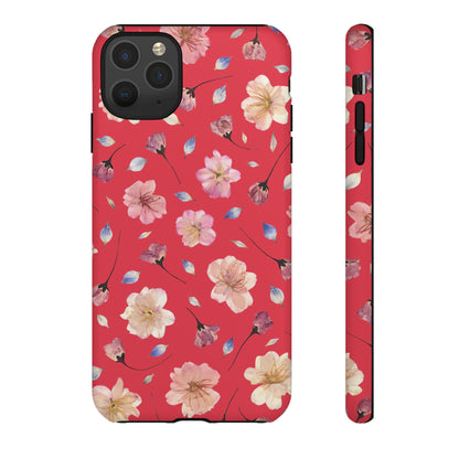 Coque Téléphone Samsung, iPhone & Google Pixel Renforcée Mate – Design Floral Fleurs de Cerisier sur Fond Rouge Féminin | Protection Antichoc | Idée Cadeau Femme