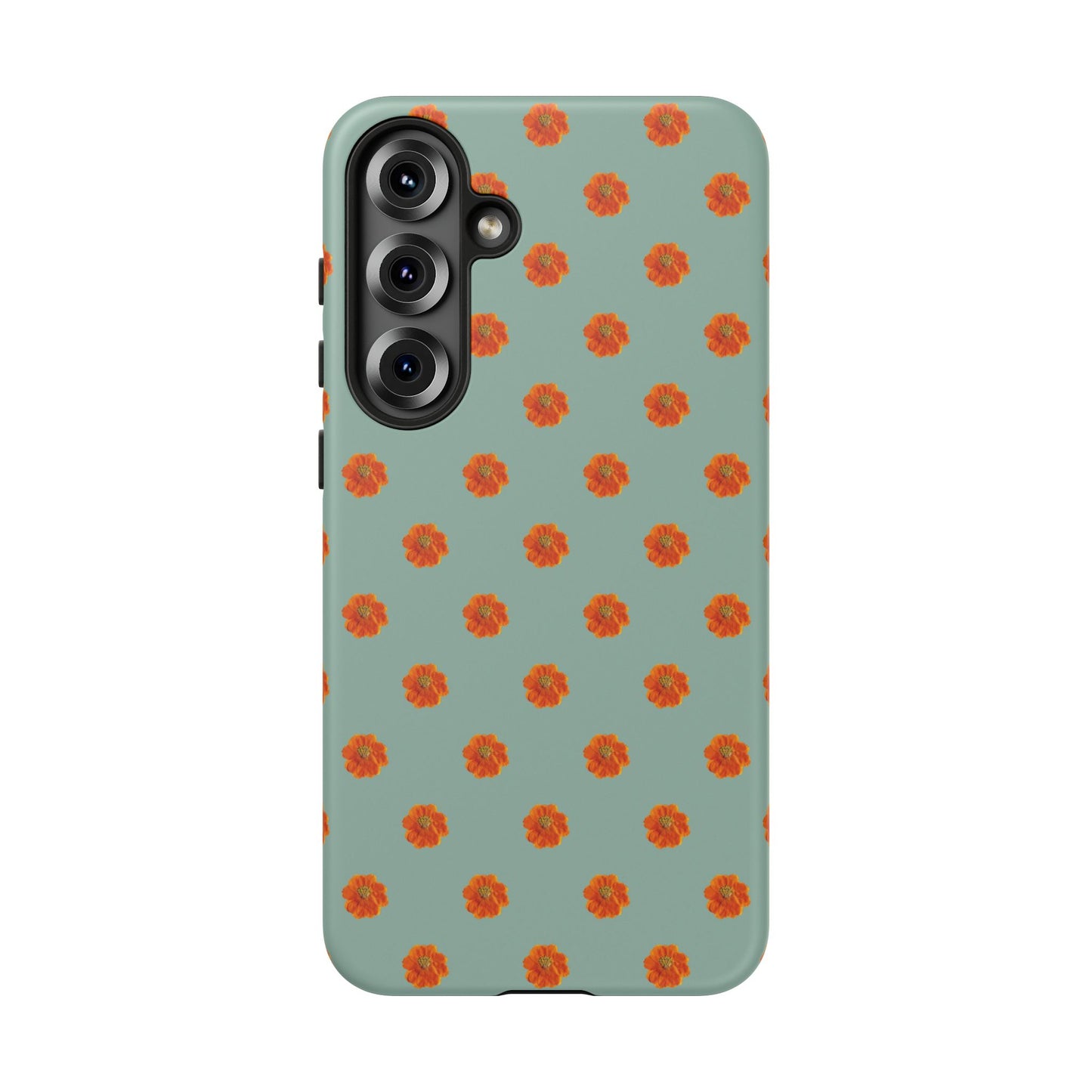Coque Téléphone Samsung, iPhone & Google Pixel Renforcée Mate – Design Floral Epuré Fleurs de Cosmos Orange sur Fond Vert Eucalyptus | Protection Antichoc | Idée Cadeau Femme