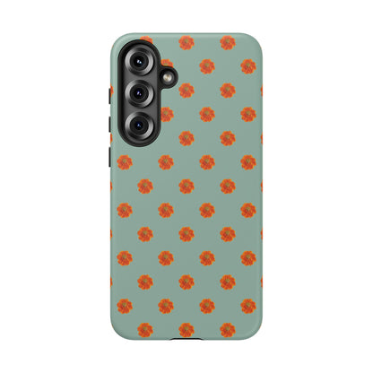 Coque Téléphone Samsung, iPhone & Google Pixel Renforcée Mate – Design Floral Epuré Fleurs de Cosmos Orange sur Fond Vert Eucalyptus | Protection Antichoc | Idée Cadeau Femme