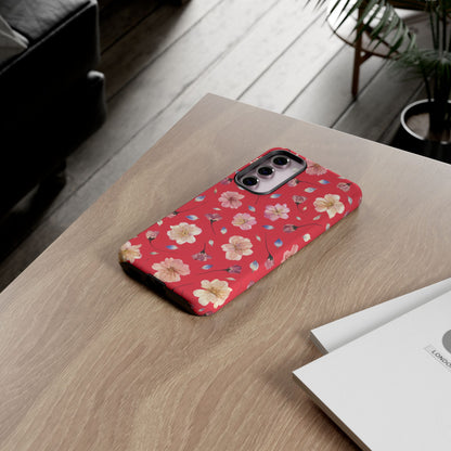 Coque Téléphone Samsung, iPhone & Google Pixel Renforcée Mate – Design Floral Fleurs de Cerisier sur Fond Rouge Féminin | Protection Antichoc | Idée Cadeau Femme