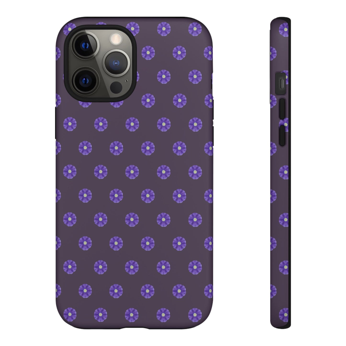 Coque Téléphone Samsung, iPhone & Google Pixel Renforcée Mate – Design Floral Epuré Fleurs de Primevère sur Fond Couleur Prune| Protection Antichoc | Idée Cadeau Femme
