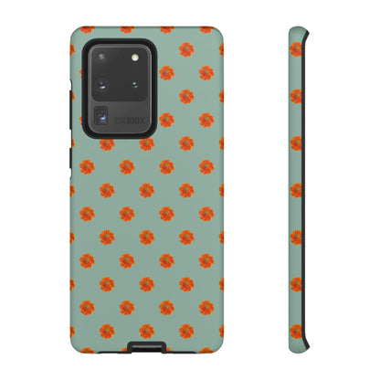 Coque Téléphone Samsung, iPhone & Google Pixel Renforcée Mate – Design Floral Epuré Fleurs de Cosmos Orange sur Fond Vert Eucalyptus | Protection Antichoc | Idée Cadeau Femme