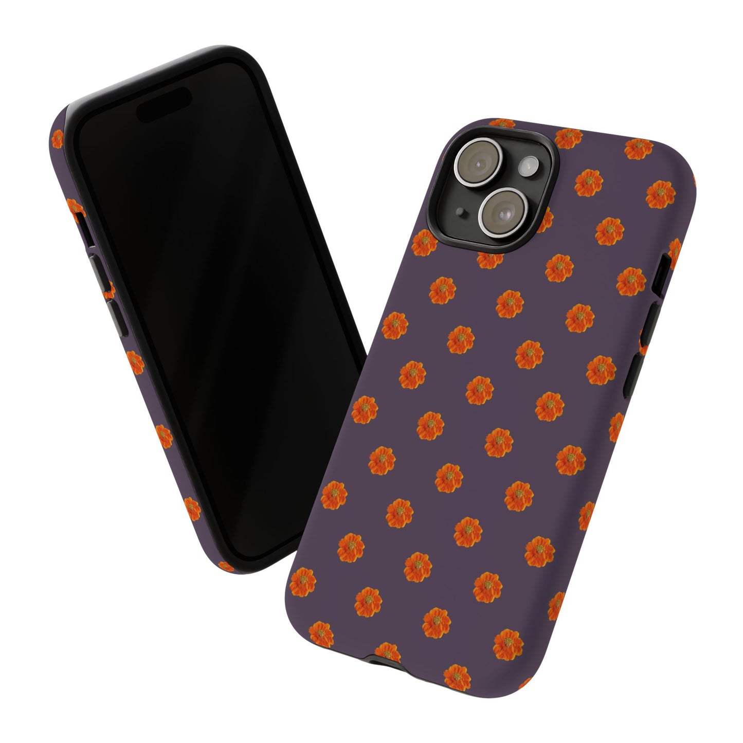 Coque Téléphone Samsung, iPhone & Google Pixel Renforcée Mate – Design Floral Epuré Fleurs de Cosmos Orange sur Fond Couleur Prune | Protection Antichoc | Idée Cadeau Femme
