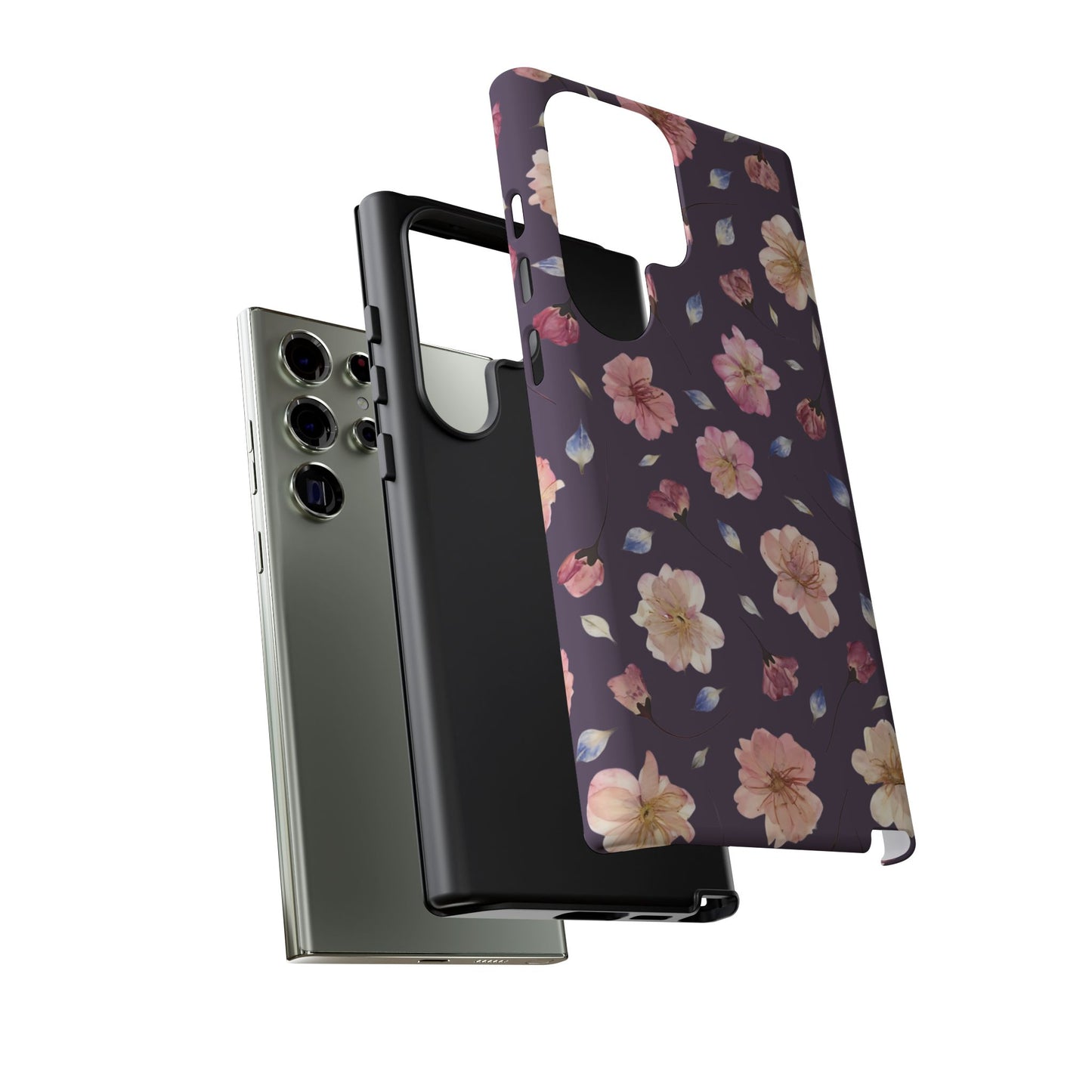 Coque Téléphone Samsung, iPhone & Google Pixel Renforcée Mate – Design Floral Fleurs de Cerisier sur Fond Couleur Prune | Protection Antichoc | Idée Cadeau Femme
