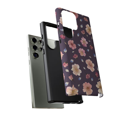 Coque Téléphone Samsung, iPhone & Google Pixel Renforcée Mate – Design Floral Fleurs de Cerisier sur Fond Couleur Prune | Protection Antichoc | Idée Cadeau Femme