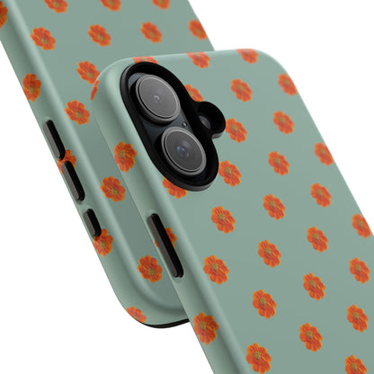 Coque Téléphone Samsung, iPhone & Google Pixel Renforcée Mate – Design Floral Epuré Fleurs de Cosmos Orange sur Fond Vert Eucalyptus | Protection Antichoc | Idée Cadeau Femme
