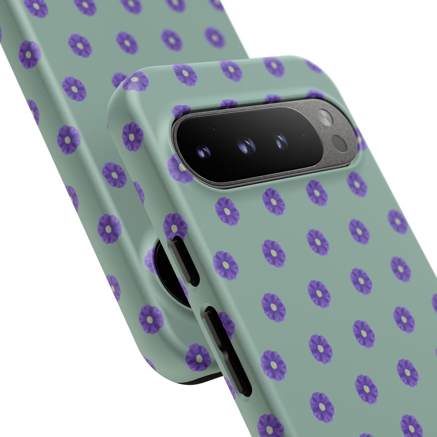 Coque Téléphone Samsung, iPhone & Google Pixel Renforcée Mate – Design Floral Epuré Fleurs de Primevère sur Fond Vert Eucalyptus | Protection Antichoc | Idée Cadeau Anniverssaire