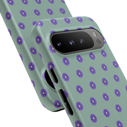 Coque Téléphone Samsung, iPhone & Google Pixel Renforcée Mate – Design Floral Epuré Fleurs de Primevère sur Fond Vert Eucalyptus | Protection Antichoc | Idée Cadeau Anniverssaire