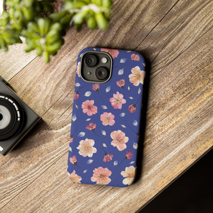 Coque Téléphone Samsung, iPhone & Google Pixel Renforcée Mate – Design Floral Fleurs de Cerisier sur Fond Bleu Encre | Protection Antichoc | Idée Cadeau Pour Elle