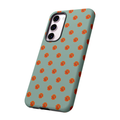 Coque Téléphone Samsung, iPhone & Google Pixel Renforcée Mate – Design Floral Epuré Fleurs de Cosmos Orange sur Fond Vert Eucalyptus | Protection Antichoc | Idée Cadeau Femme