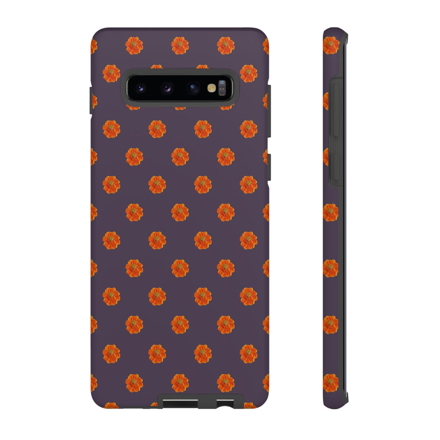Coque Téléphone Samsung, iPhone & Google Pixel Renforcée Mate – Design Floral Epuré Fleurs de Cosmos Orange sur Fond Couleur Prune | Protection Antichoc | Idée Cadeau Femme