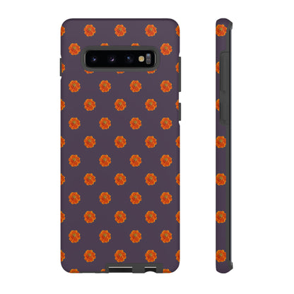 Coque Téléphone Samsung, iPhone & Google Pixel Renforcée Mate – Design Floral Epuré Fleurs de Cosmos Orange sur Fond Couleur Prune | Protection Antichoc | Idée Cadeau Femme