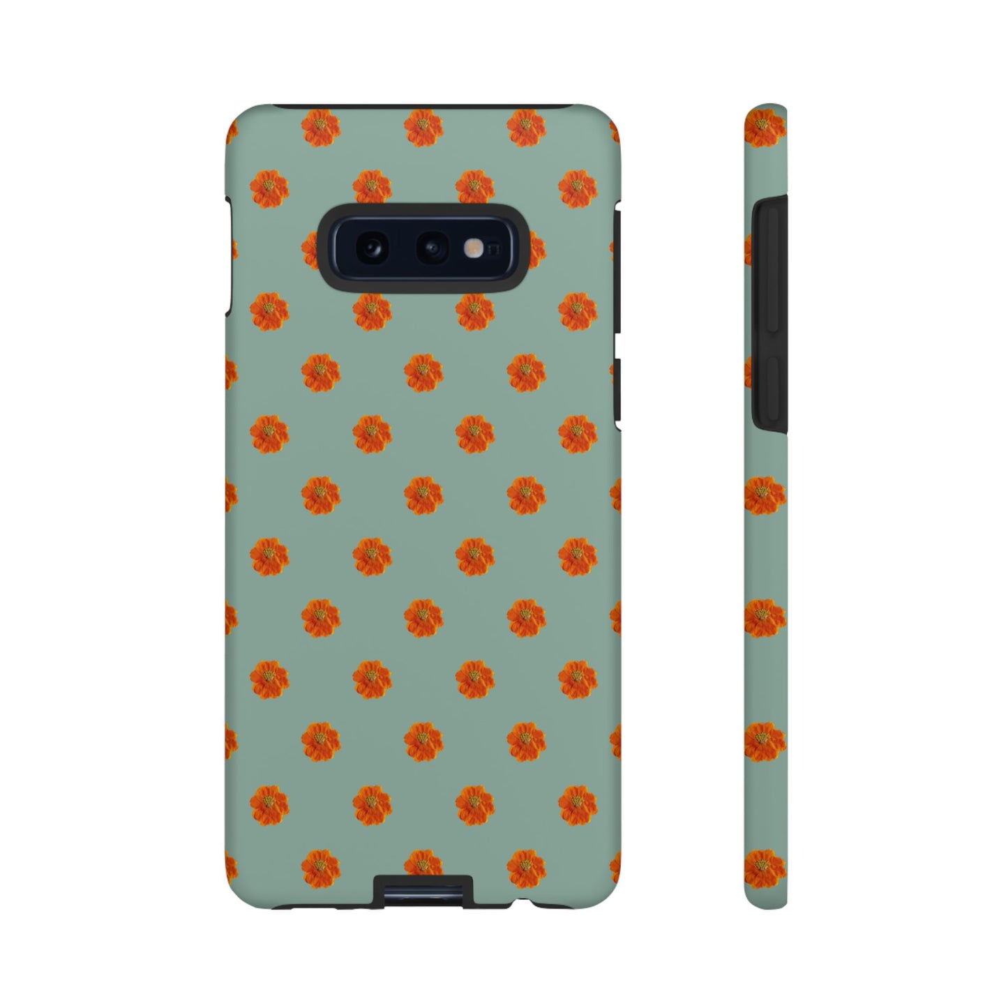 Coque Téléphone Samsung, iPhone & Google Pixel Renforcée Mate – Design Floral Epuré Fleurs de Cosmos Orange sur Fond Vert Eucalyptus | Protection Antichoc | Idée Cadeau Femme