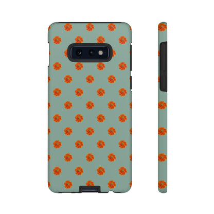 Coque Téléphone Samsung, iPhone & Google Pixel Renforcée Mate – Design Floral Epuré Fleurs de Cosmos Orange sur Fond Vert Eucalyptus | Protection Antichoc | Idée Cadeau Femme
