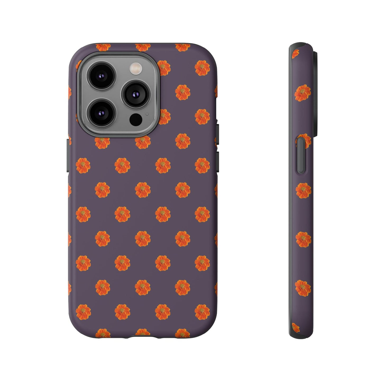 Coque Téléphone Samsung, iPhone & Google Pixel Renforcée Mate – Design Floral Epuré Fleurs de Cosmos Orange sur Fond Couleur Prune | Protection Antichoc | Idée Cadeau Femme